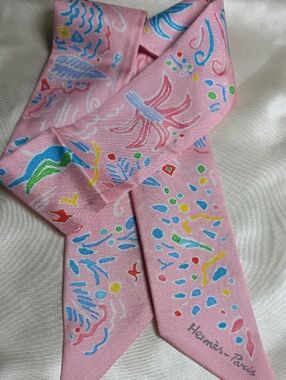 Pink Printed Silk Twilly Scarf